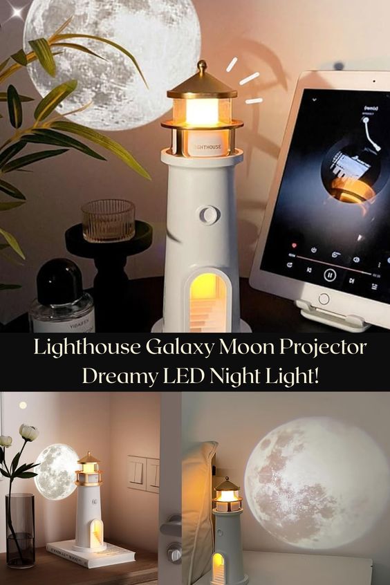 Lighthouse-shaped galaxy moon projector with LED night light feature, displayed in a home setting.