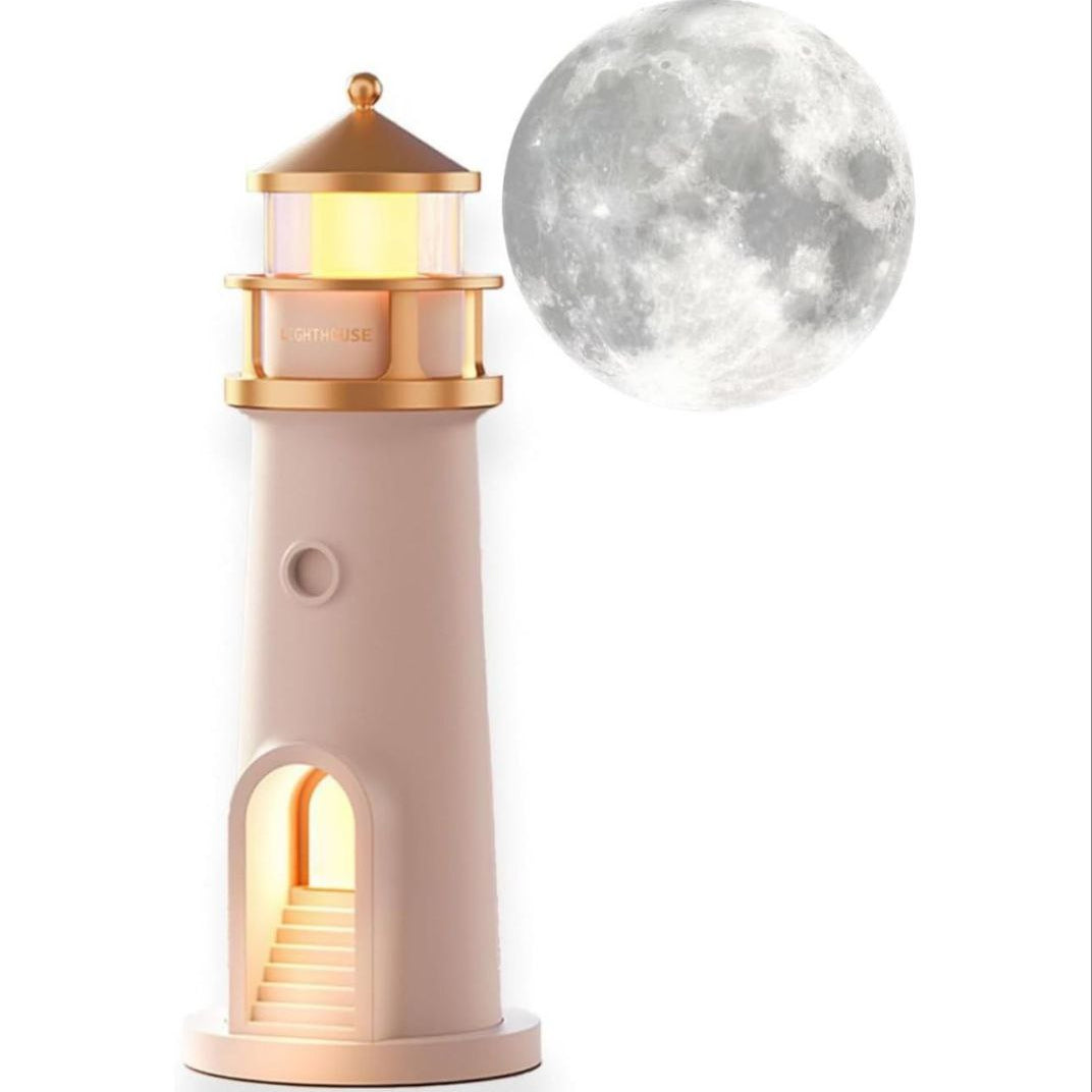 Lighthouse-shaped night light with a moon graphic on a white background